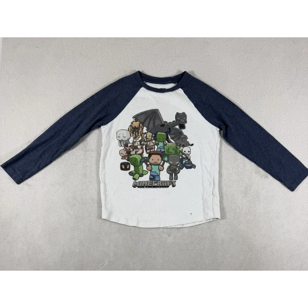 Old Navy Minecraft Graphic Raglan Long Sleeve T-Shirt Boys Size S 6-7 Blue Gray